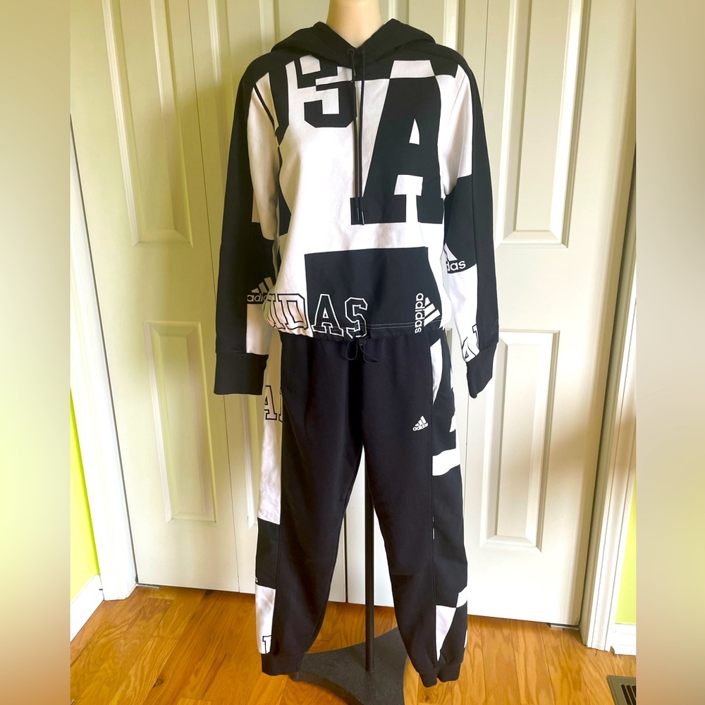 ADIDAS Women Black/White Flannel Hooded Sweatsuit S Mint